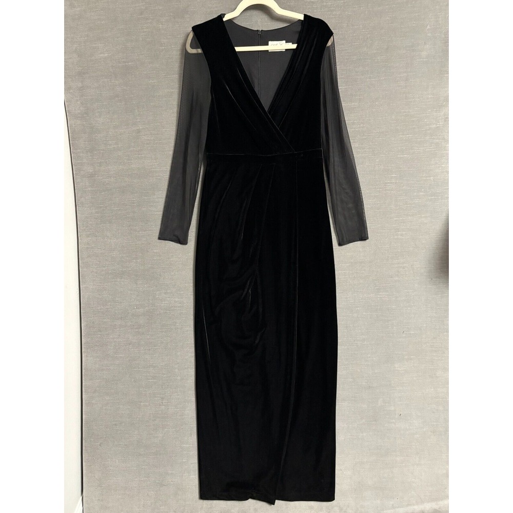 Eliza J Dress 8 Black Velvet Sheer Wrap Maxi Gown Evening Cocktail Gala Formal